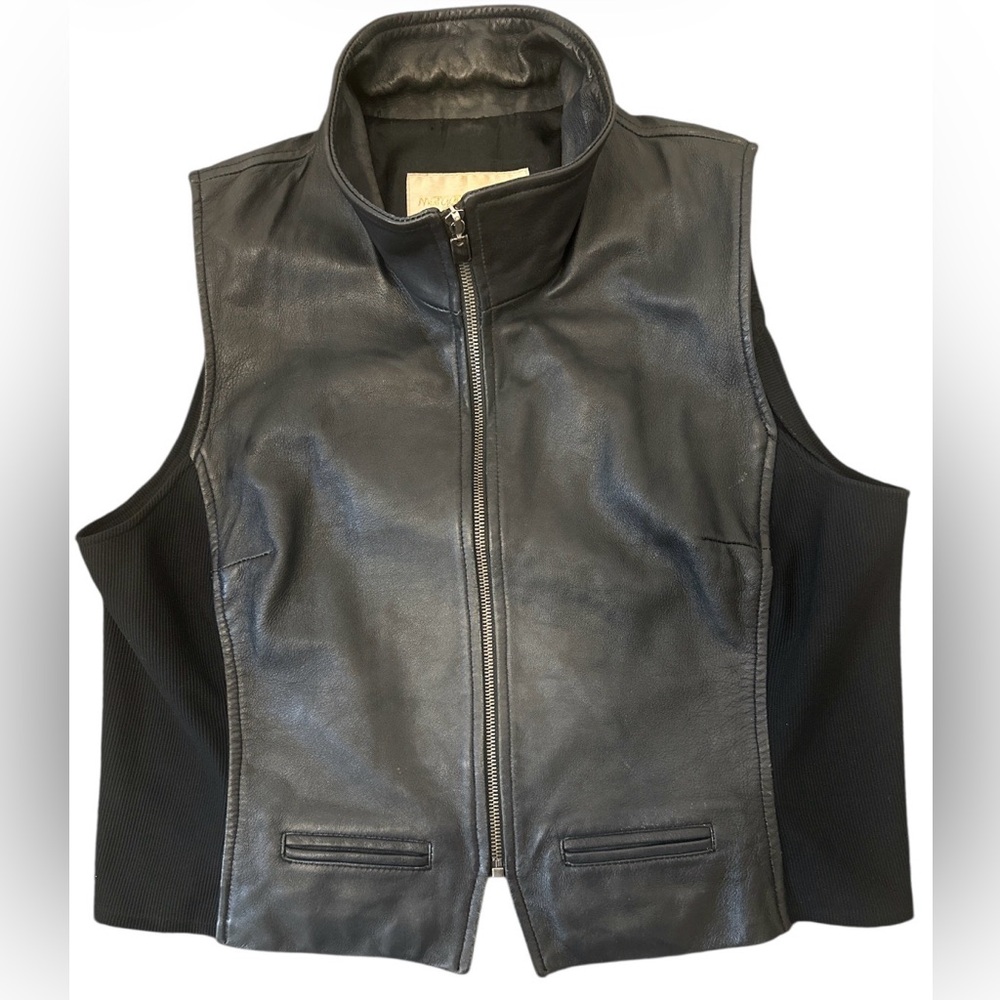 VTG Margaret Godfrey Black Leather Zip Vest XL 90s Biker Retro Glam Y2K Stretch